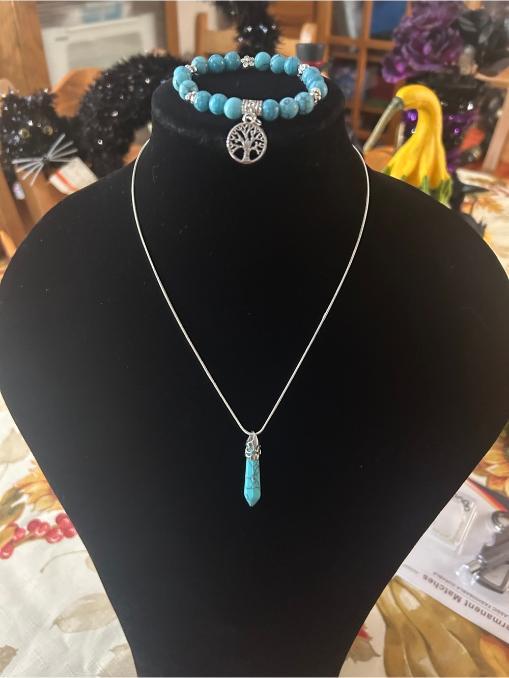 Turquoise Bead Bracelet & Pendant Necklace on Silver tone Chain